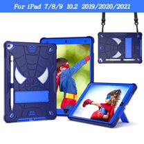 ELEHOLD Kids Case for iPad 9th/8th/7th Gen 10.2" 2021/2020/2019, Heavy Duty Rugged Cover with Foldable Kickstand Crossbody Shoulder Strap Pencil Holder Shockproof Case for iPad 10.2",Navy Blue