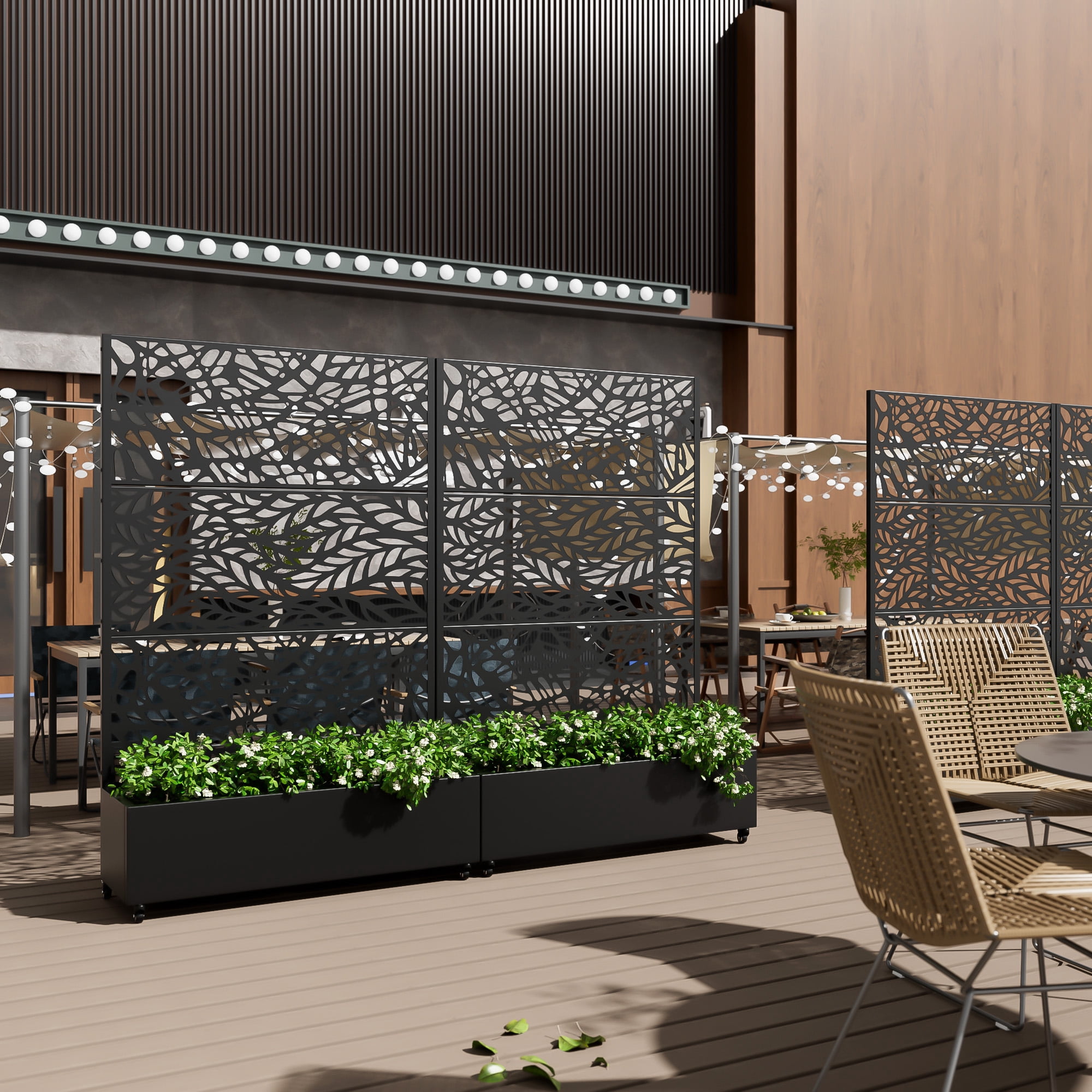 MAYEERTY 47*16*72" Outdoor Black Metal Planter Box with Trellis for Climbing Plants, Leafy & Vine Pattern Panel