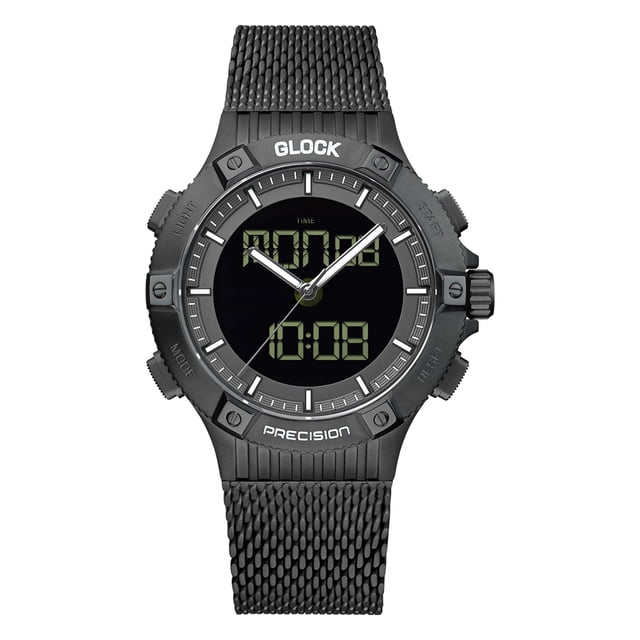 Reloj Glock Precision para hombre con carcasa de acero negro y correa de malla negra