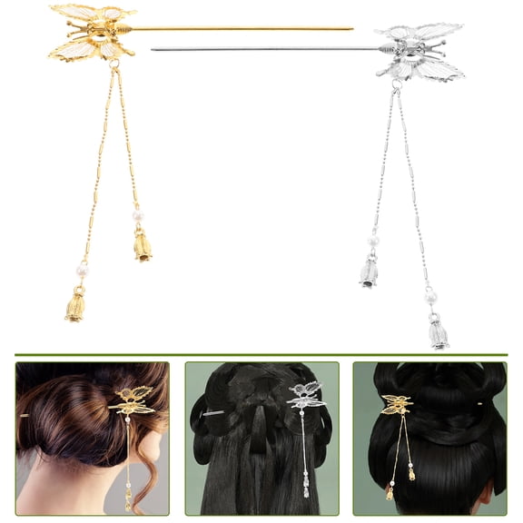 Pretyzoom 2pcs Cosplay Events Hair Styling Accessories Butterfly Hair Sticks Metal Golden For Women