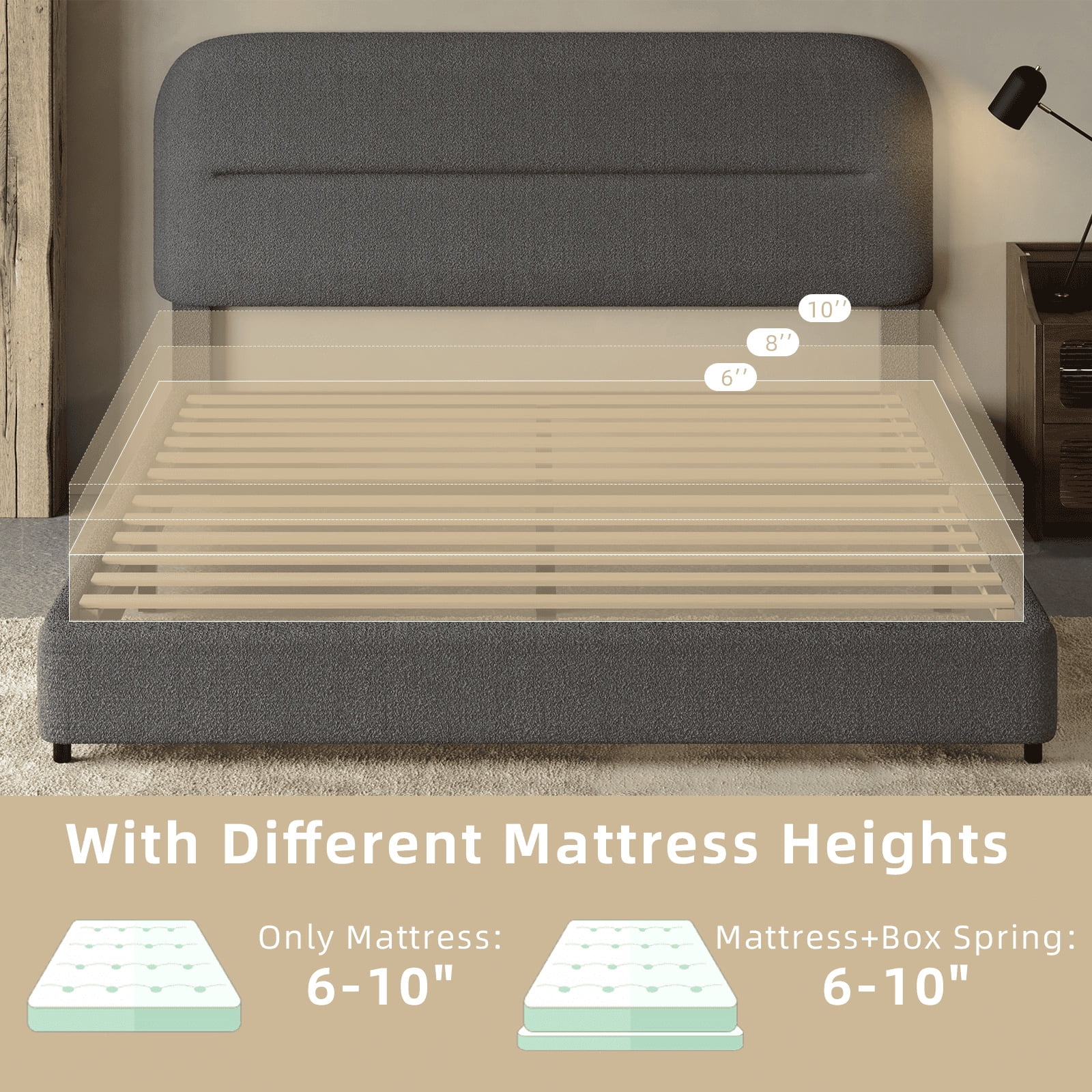 4 EVER WINNER Full Size Boucle Bed Frame with Headboard, Upholstered Platform Bed with Wood Slats, Soft Rounded Corners, No Box Spring Required, Non-Slip and Noise-Free, Easy Assembly, Grey
