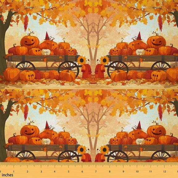 jejeloiu Funny Halloween Pumpkin Fabric by the Yard 1 Yard,Autumn Fall Maples Home Decor Fabric by the Yard,Country Cabin Lodge Sewing Fabric,Breathable Home Decor