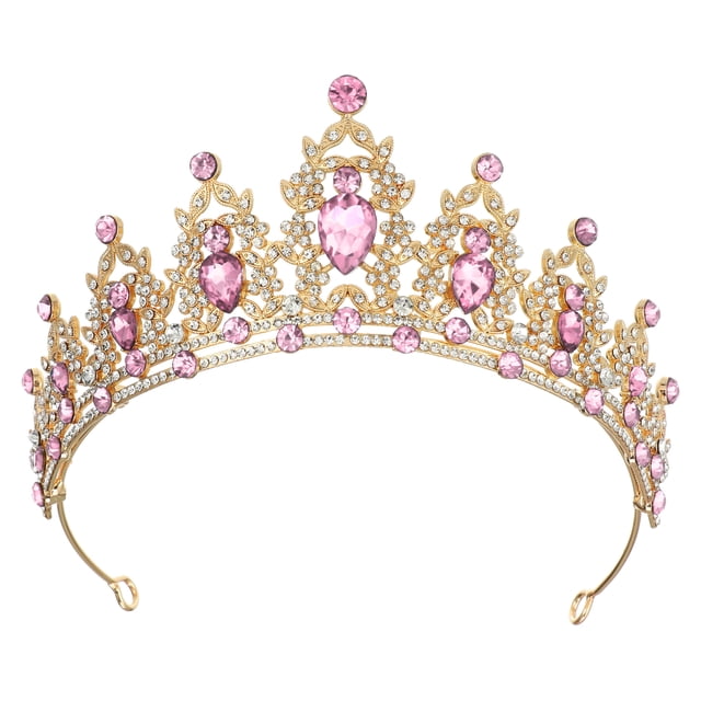 tiara de corona de diamantes de imitación para mujeres unique bargains tono dorado rosa claro, vista frontal centrada; diadema arqueada de aleación en tono dorado con grandes piedras rosas claras ovaladas y en lágrima, filas de cristales de imitación pequeños, puntas ornamentales y patillas curvadas para sujeción sobre fondo blanco. Suele usarse también como accesorio de fiesta o tocado de novia.