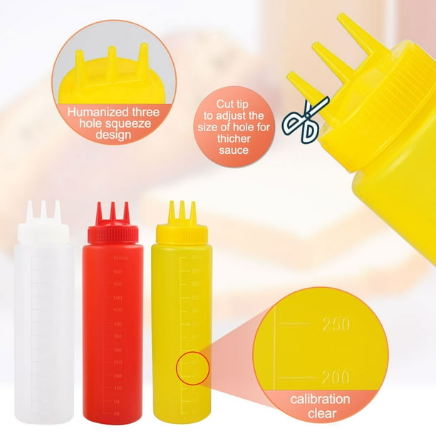 6pcs Plastic 24 Oz Three Hole Squeeze Bottle Condiment Storage Ketchup