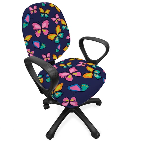 Nature Office Chair Slipcover, Spring Theme Colorful Flying Butterflies Seasonal Art Repetition Print, Protective Stretch Decorative Fabric Cover, Standard Size, Indigo and Multicolor, by Ambesonne