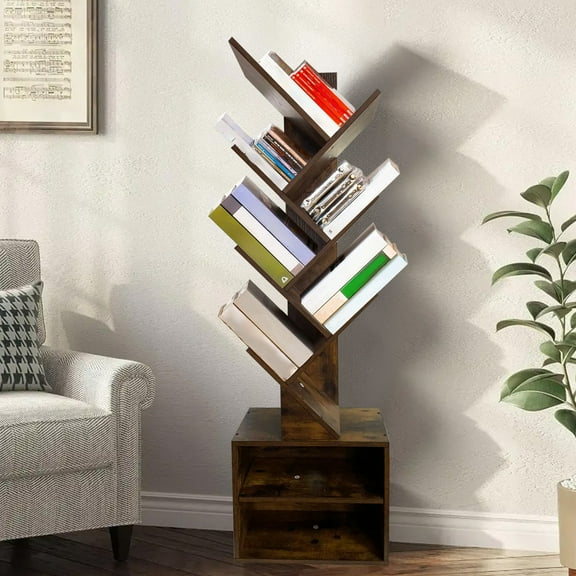 Tree Bookshelf 6 Tier Bookcase with 2 Bottom Shelves Large Capacity Wood Storage Shelf Modern Tree Shaped Design for Living Room Home Office Decor Brown 47.4 Inches Tall Sturdy Assembly