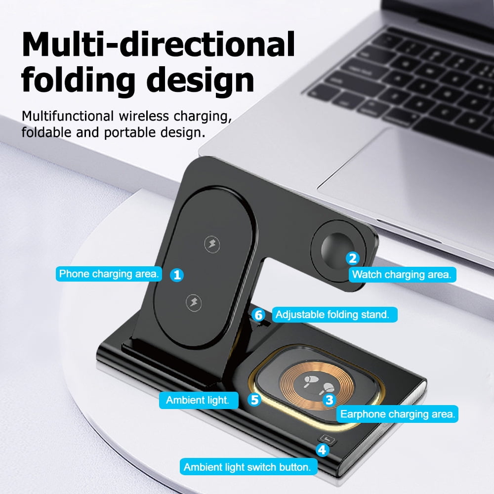 Wireless Charger iPhone Charging Station: 3 in 1 Charger Stand Multiple Devices for Apple with Ambient light
