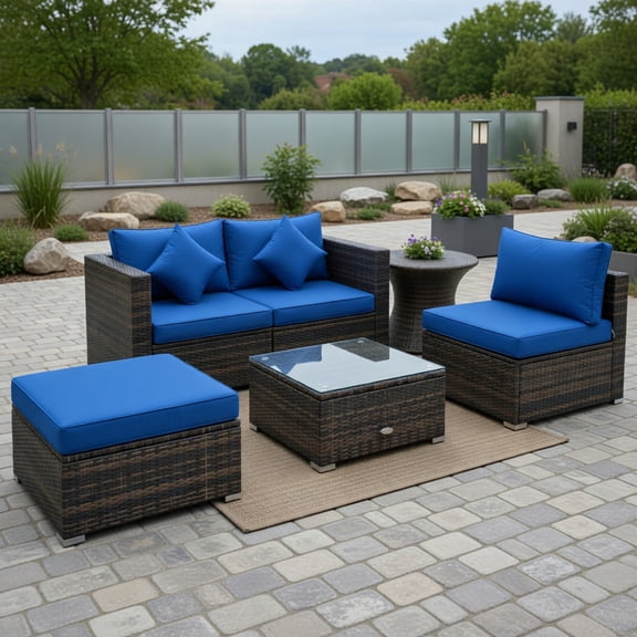 Topcobe 5 Pcs Outdoor Patio Rattan Furniture Set Sectional Conversation with Cushions, Outdoor Deck Furniture, Navy