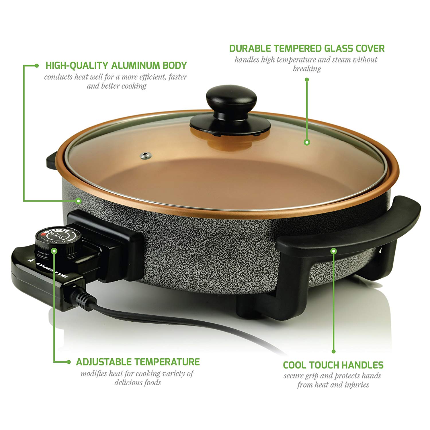 OVENTE Electric Skillet and Frying Pan, 12" Round Cooker with Nonstick Coating, Copper SK11112CO - image 3 of 9