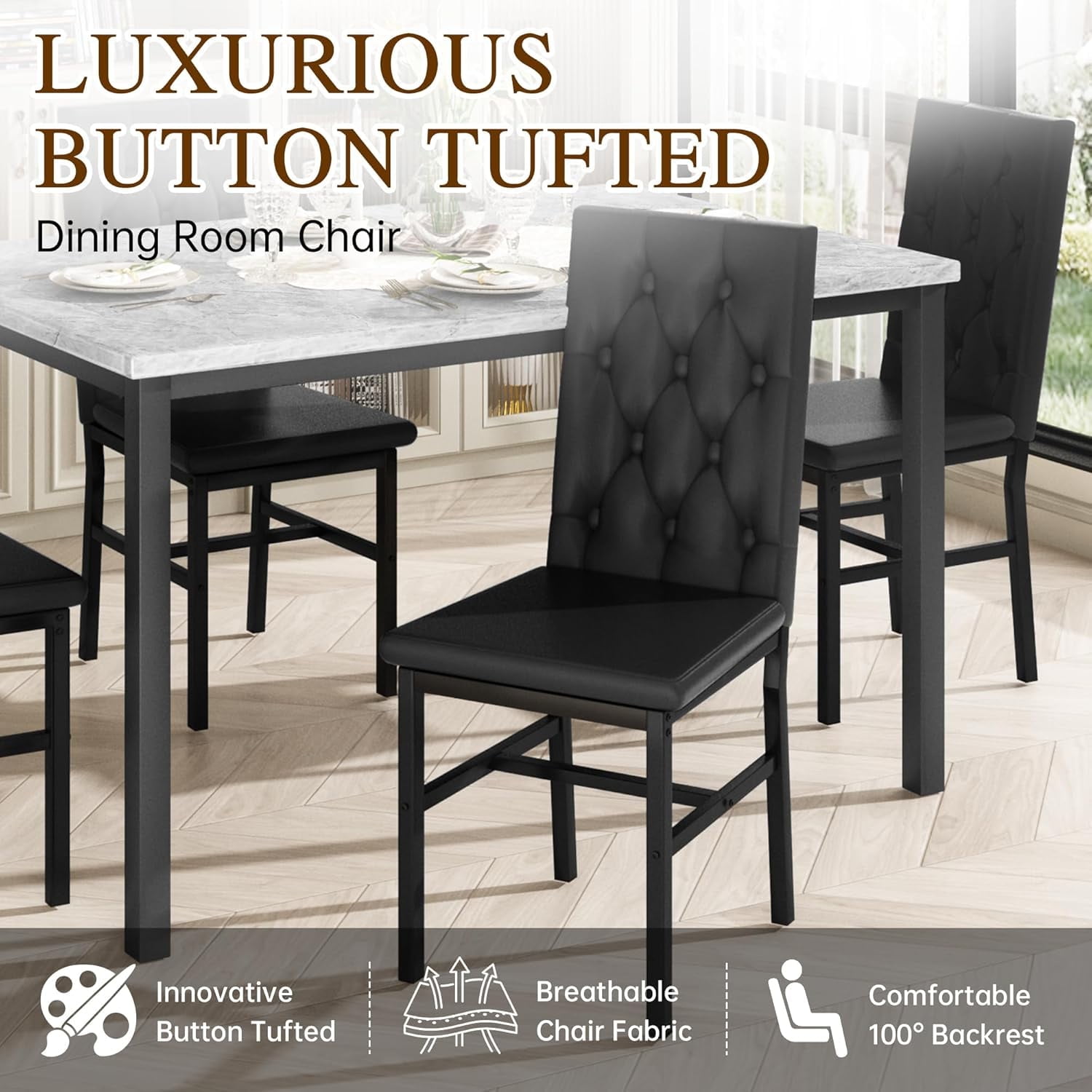 Baxluxe Marble Dining Table Set for 4, Gray Faux Marble Kitchen Table and Chairs Set, 5 Pieces Rectangle Dining Table with 4 Leather Dining Chairs, Dining Set for Small Space, Pub, Gray+Black