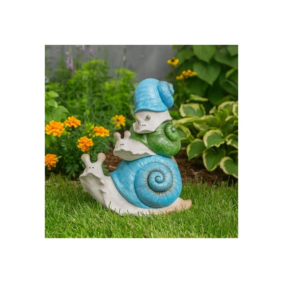 Whimsical Garden Decor Stacked Snail Sculpture - Front Porch Accent and Outdoor Decor for Backyard or Patio Setting - Yard Statue Art for Flower Bed, Planters, or Walkway Display - 15", Ivory & Blue