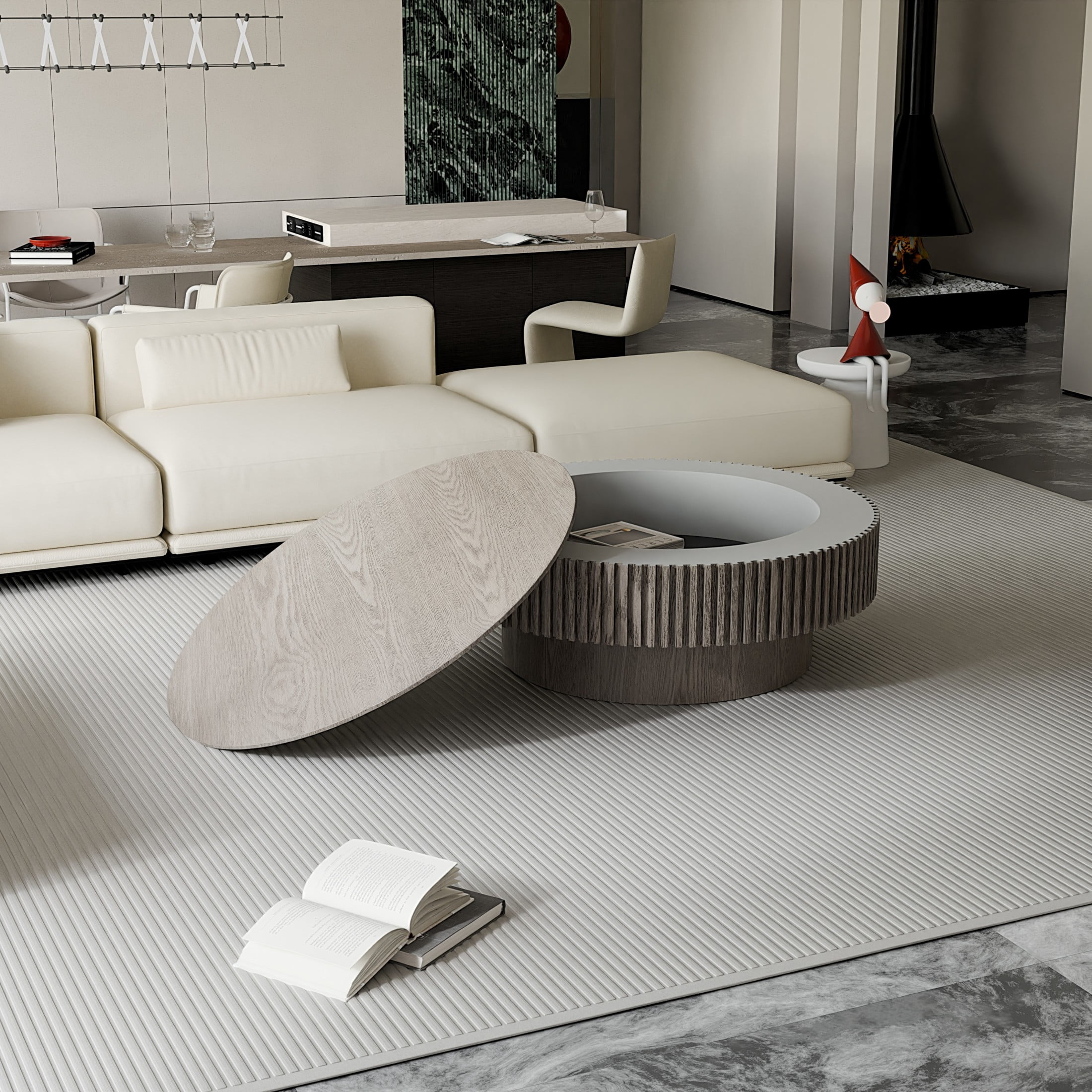 Noble House 39.37" Round Coffee Table, Solid Wood Veneer Drum with Hidden Storage, Fluted Design, for Living Room, Grey