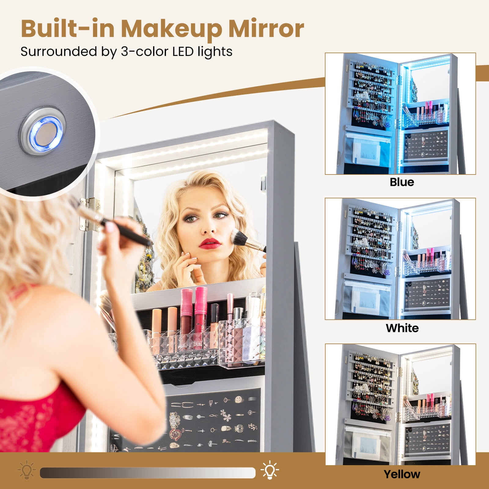 Costway 360° Swivel Jewelry Cabinet with LED Lights, Full-Length Mirror & Makeup Mirror Gray
