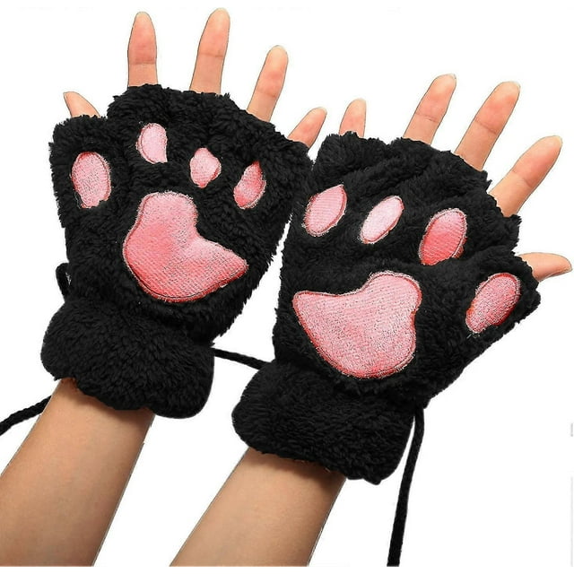 Women Bear Plush Cat Paw Claw Glove Soft Winter Gloves Fingerless Gloves (black) n