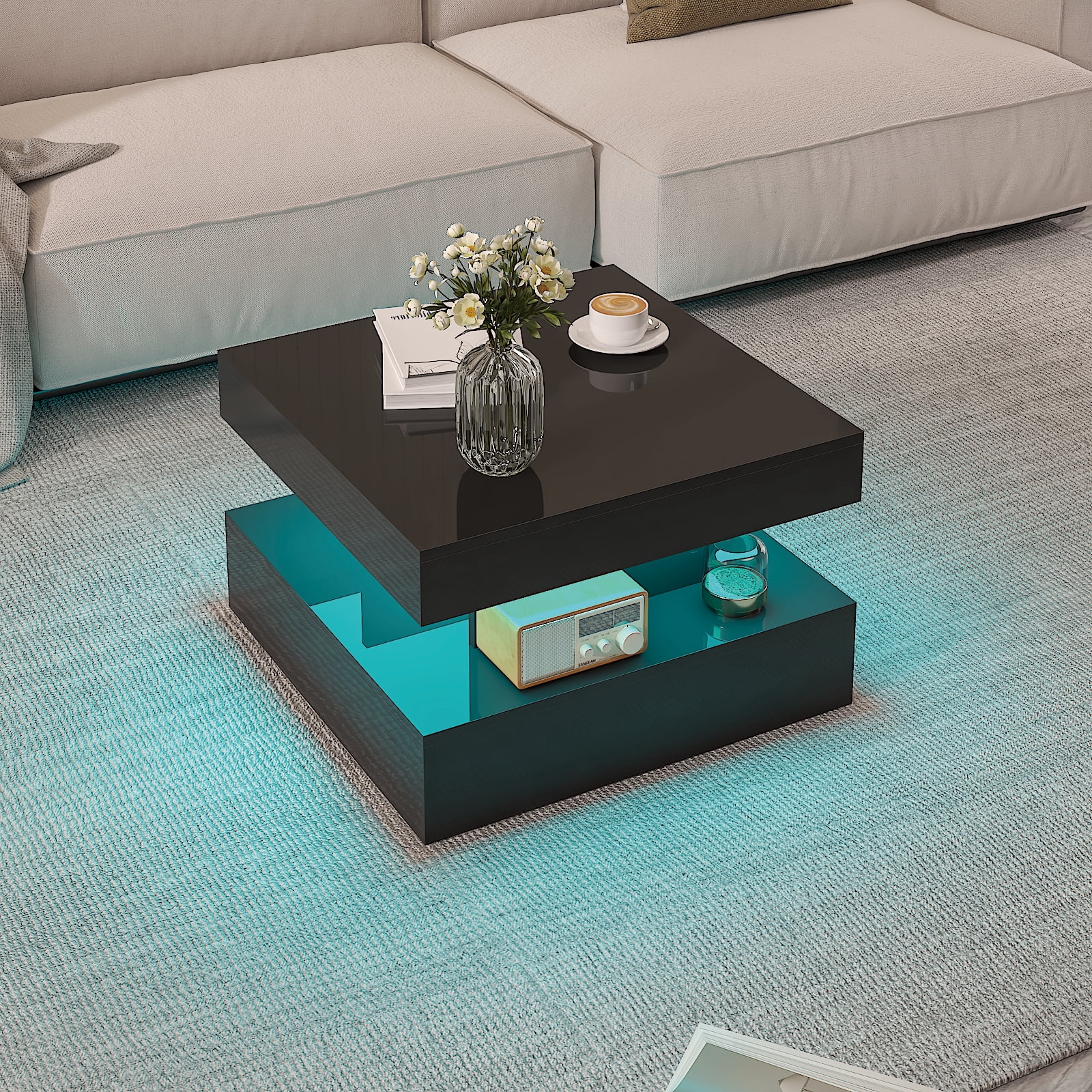 Hironpal Small Black Coffee Table with Light,24" LED Center Table in Living Room,Modern Coffee Table with Storage,Black