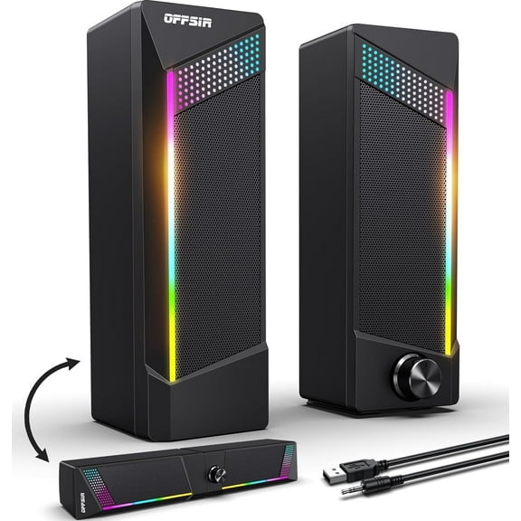 OFFSIR Computer Speakers, PC SoundBar, Gaming Speakers for PC Computer Laptop Desktop, Subwoofer Wired, RGB Speakers, USB Powered 3.5mm Aux（Package Includes Only Two Speaker）