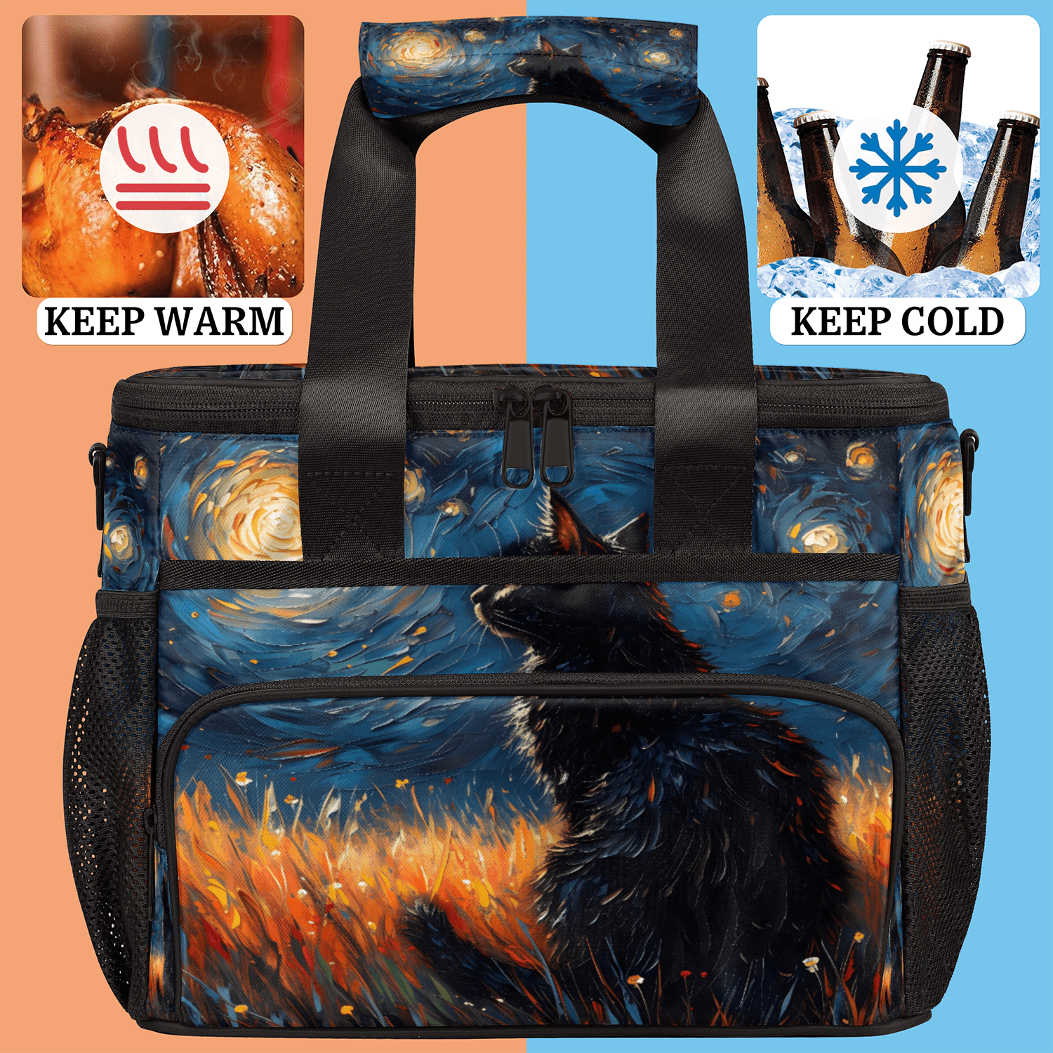 Herdesigns Night Black Cat Large Lunch Box for Adults Women Men with Adjustable Shoulder Strap, Insulated Reusable Lunch Bag Leakproof Cooler Tote Bag
