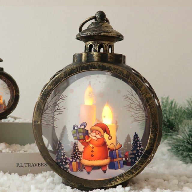 Innerwin Lanterns Santa Print LED Lights Table Lamp Nightstand Christmas Night Light Snowman Printed Xmas Top Handle Rustic Santa Claus Bronze-Large