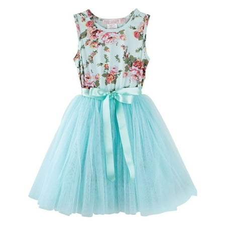 - Designer Kidz Baby Girls Aqua Floral Print Mesh Tutu Easter Dress