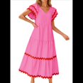 thumbnail image 2 of Vestido Midi Informal de Verano 2025 para Mujer, con Escote en V, Corta, Volantes, Corte A, . Rosa L, 2 of 10