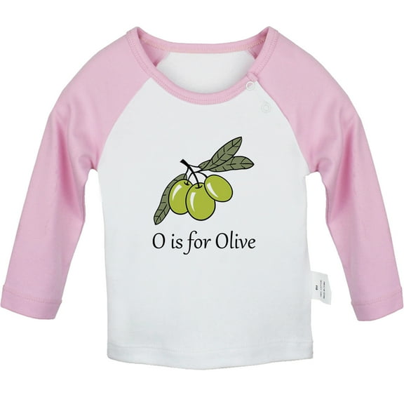 iDzn O is for Olive Funny T shirt For Baby, Newborn Babies T-shirts, Infant Cute Fruits Tops, 0-24M Kids Graphic Tees Clothing (Long Pink Raglan T-shirt, 0-6 Months)