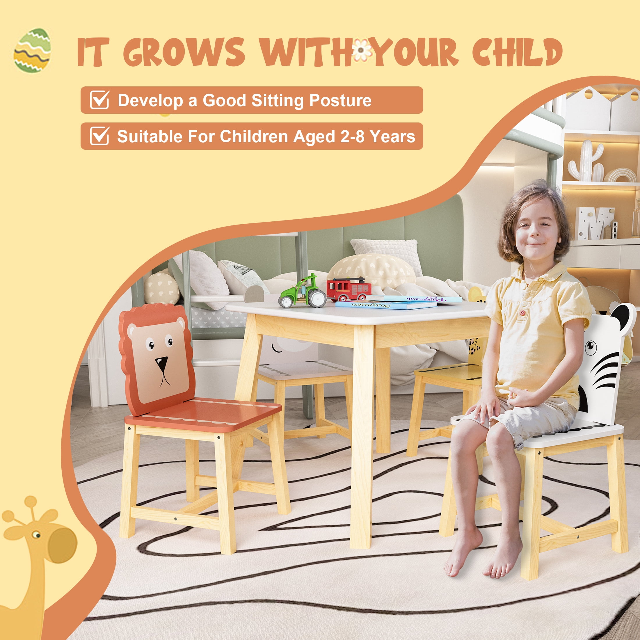 Aukfa Kids Study Table and Chairs Set, Table and 4 Cartoon Chair for Ages 3-8, Graffiti Desktop Wood Children Art Table