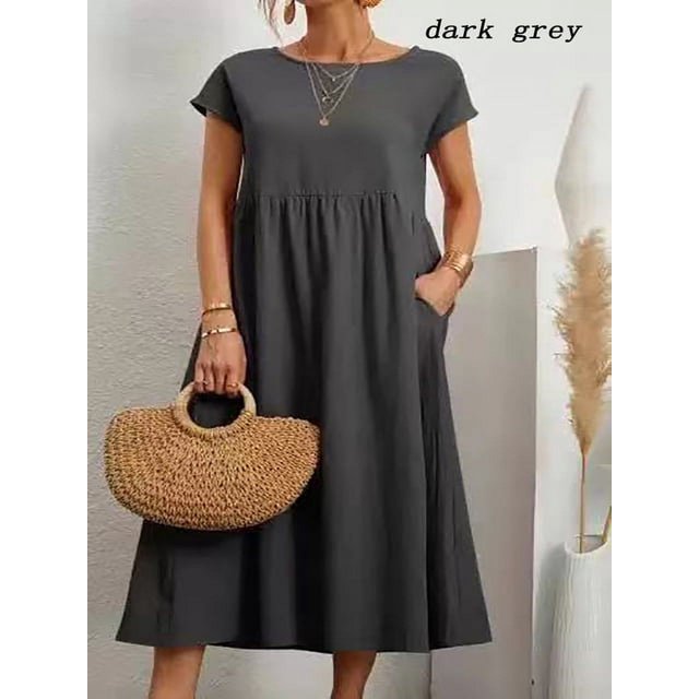2024 Nouvelle Robe Femme Rétro Couleur Unie Sans Manches Jupe Longue Ample avec Poches