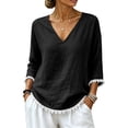 thumbnail image 5 of Qzwdhjm Linen 3/4 Sleeve Tops for Women V Neck Loose Fit Shirts with Frayed Hem Summer Fall Casual Blouses for Dailywear, 5 of 8