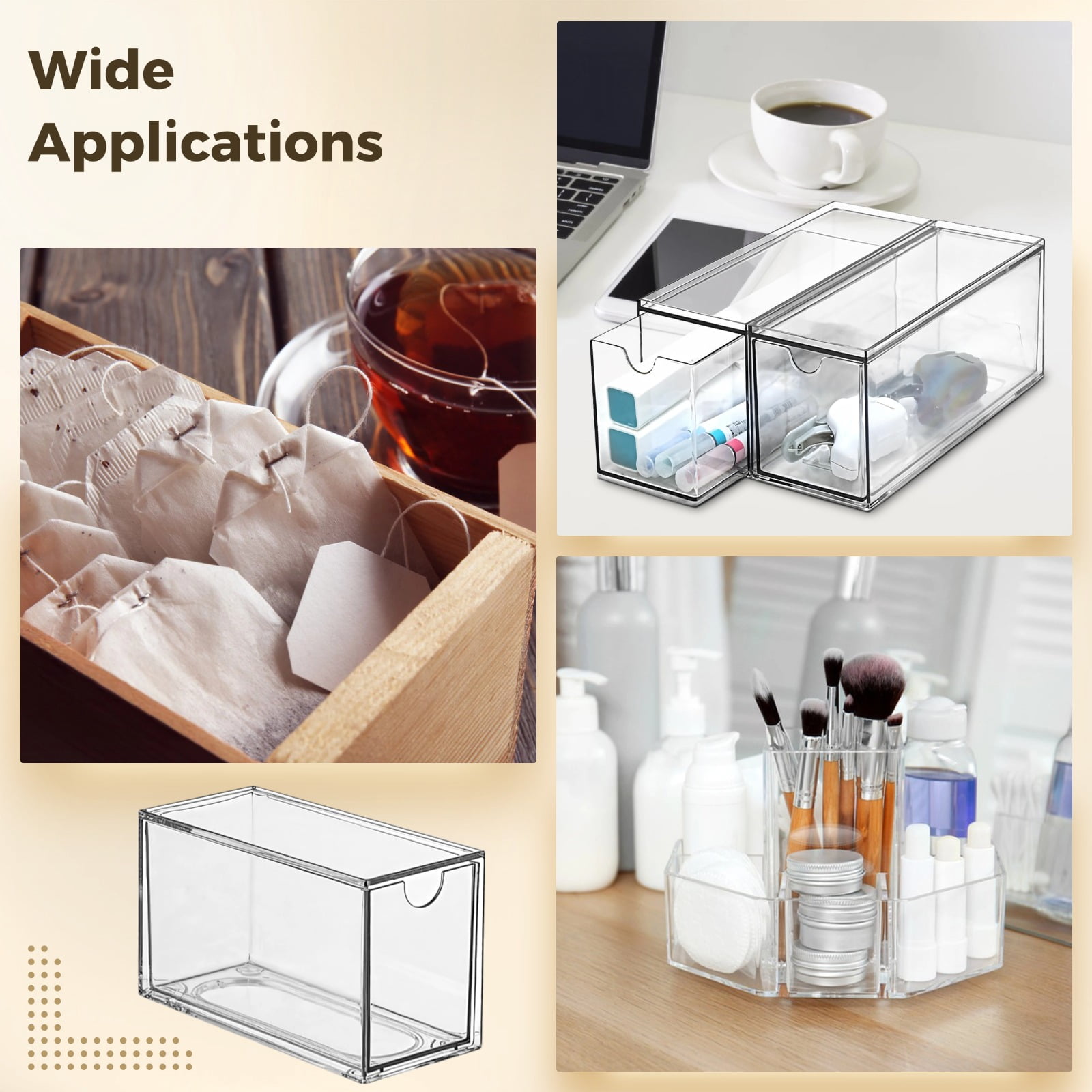 4 Pcs Transparent Drawer Organizers, Plastic Storage Boxes, Stackable Tea Organizers for Drawers, Ideal for Kitchen, Office and Household Items