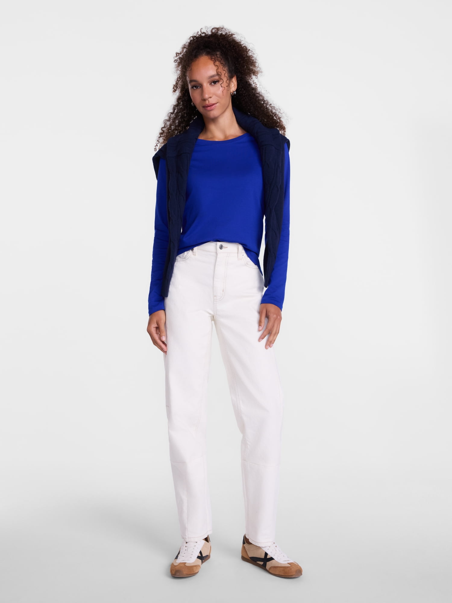 Scenario Women's Cotton Crewneck Tee with Long Sleeves, Sizes XS-XXXL