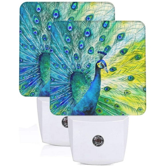 Colorful Peacock Tail Feathers Night Light Set of 2 Watercolor Green Yellow Animal Led Night Light 0.5 W Auto Senor Dusk to Dawn Night Lights Plug Into Wall