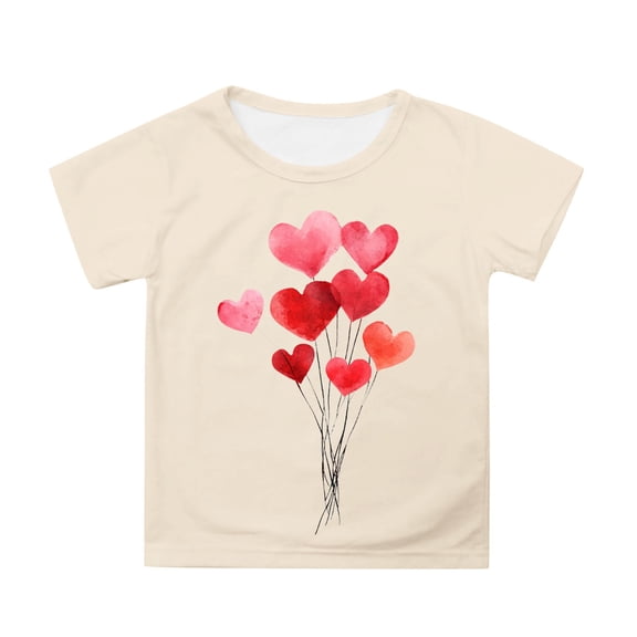 TBWNWG Girls Summer Casual Short Sleeve Valentine's Day Shirt with Playful Heart Balloon Print Soft Comfortable Graphic Top,Size 4-5 Years