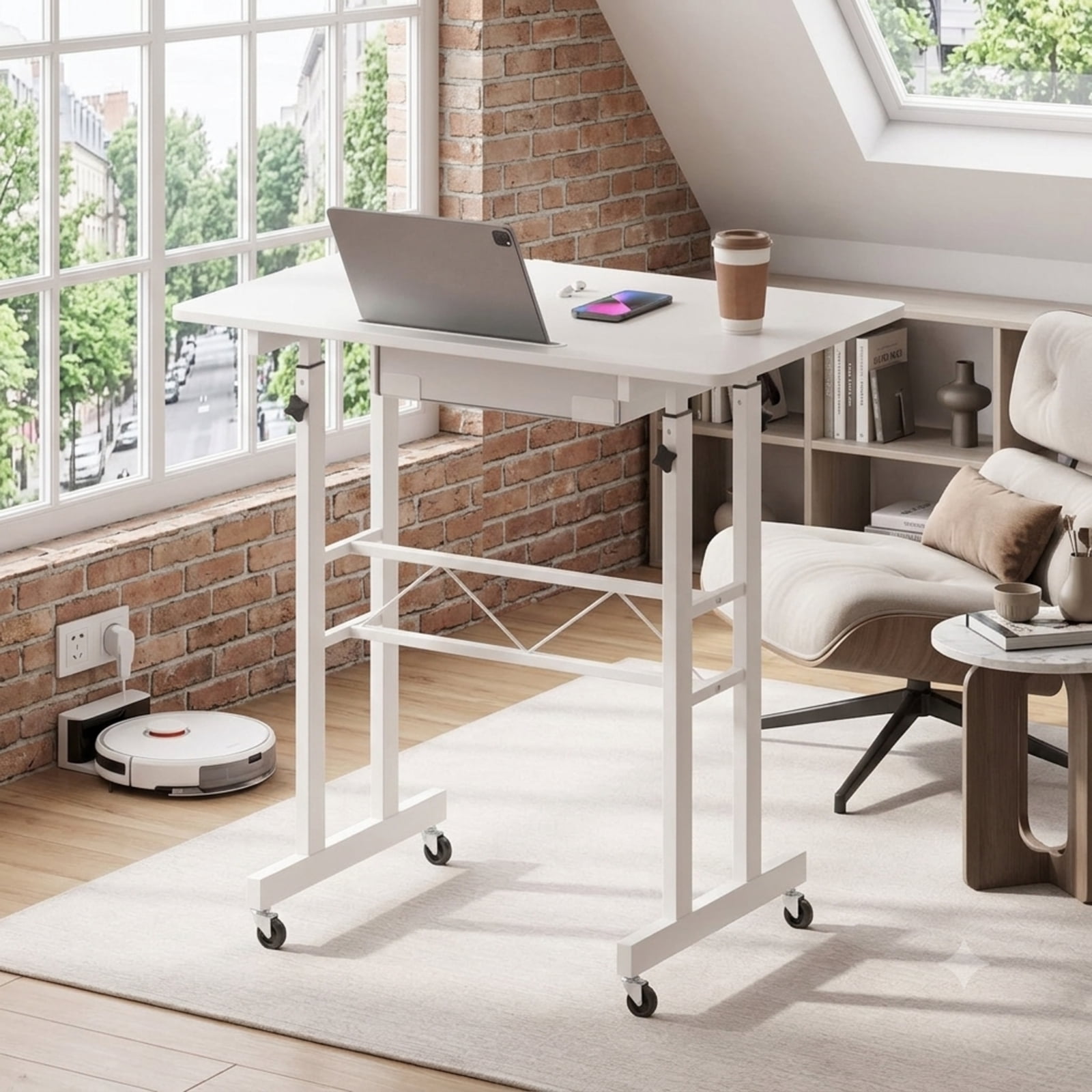 Furnibear Height Adjustable Standing Laptop Desk with Fabric Drawer Tablet Holder Lockable Wheels and Sit Stand Design for Home Office, White