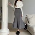 thumbnail image 3 of Fishtail Skirt Elastic High Waist Ruffle Trim Maxi Skirt Solid Color Hip Wrapped Long Skirt Office Lady Skirt Daily Wear, 3 of 8