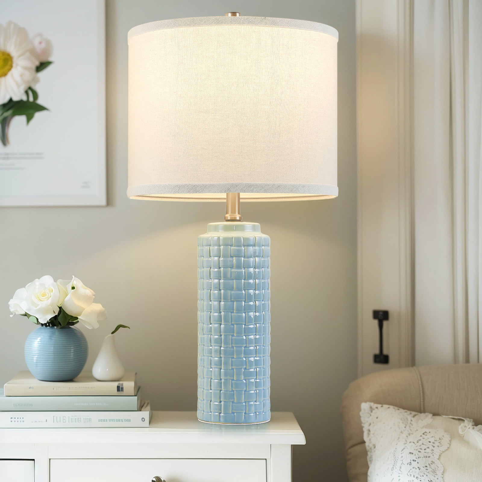 NATYSWAN 24.8" Modern Ceramic Bedside Lamp Set of 2, 3 Color Temperature Bulbs Included - Farmhouse Nightstand Lamps for Living Room Bedroom End Table Office Entryway, Cyan