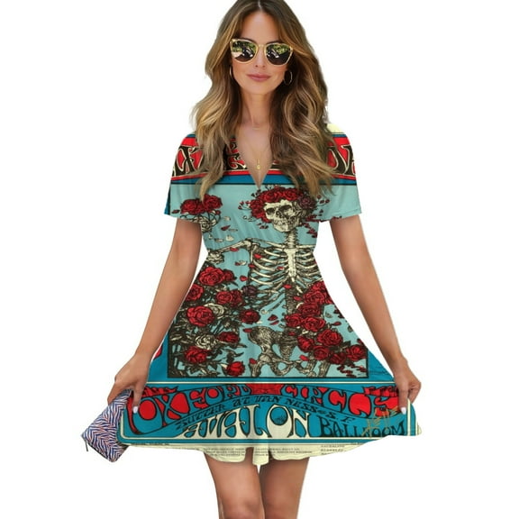 Gratefuldead Women Dress V-Neck Short Sleeve Flowy Swing Party Midi Dress
