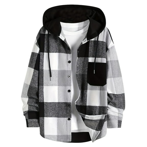 ZCFZJW Mens Hoodie Plaid Shirt Long Sleeve Lightweight Flannel Shirt Jackets Casual Drawstring Button Down Shirt with Pockets Black XXL