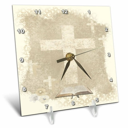 3drose Crosses With Open Bible Sepia Desk Clock 6 By 6 Inch