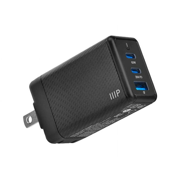 Monoprice Compact 3‑Port 65W PD3.0 GaN Charger with USB‑C & USB‑A Ports, 100V ~ 240V / 50/60 Hz, High Power Fast Charging, Foldable Prongs, Universal Compatibility - For Laptop, Tablets, and Phones