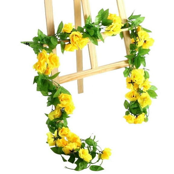 Xiao Hua 4 pieces (26 feet) artificial rose vine false wreath silk rose hanging vine for wedding party background, arch garden background decoration (9 heads, yellow)
