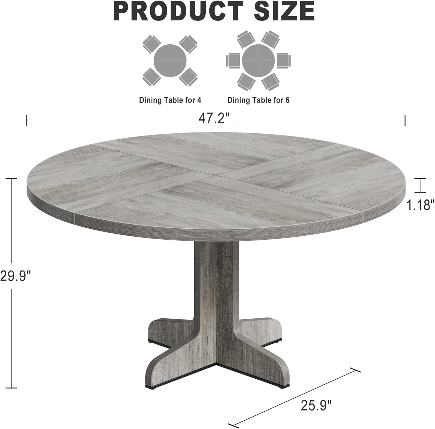 Round Dining Table for 4, 47 Inch Farmhouse Kitchen Table with Wood Tabletop and Stable Base, Circle Dinning Room Table for Home Dining Room Living Room, Grey
