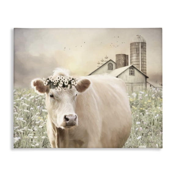 Stupell Industries Farmhouse Realistic Cow Floral Crown Tranquil Farm Field Canvas Art, 30 x 24, by Lori Deiter