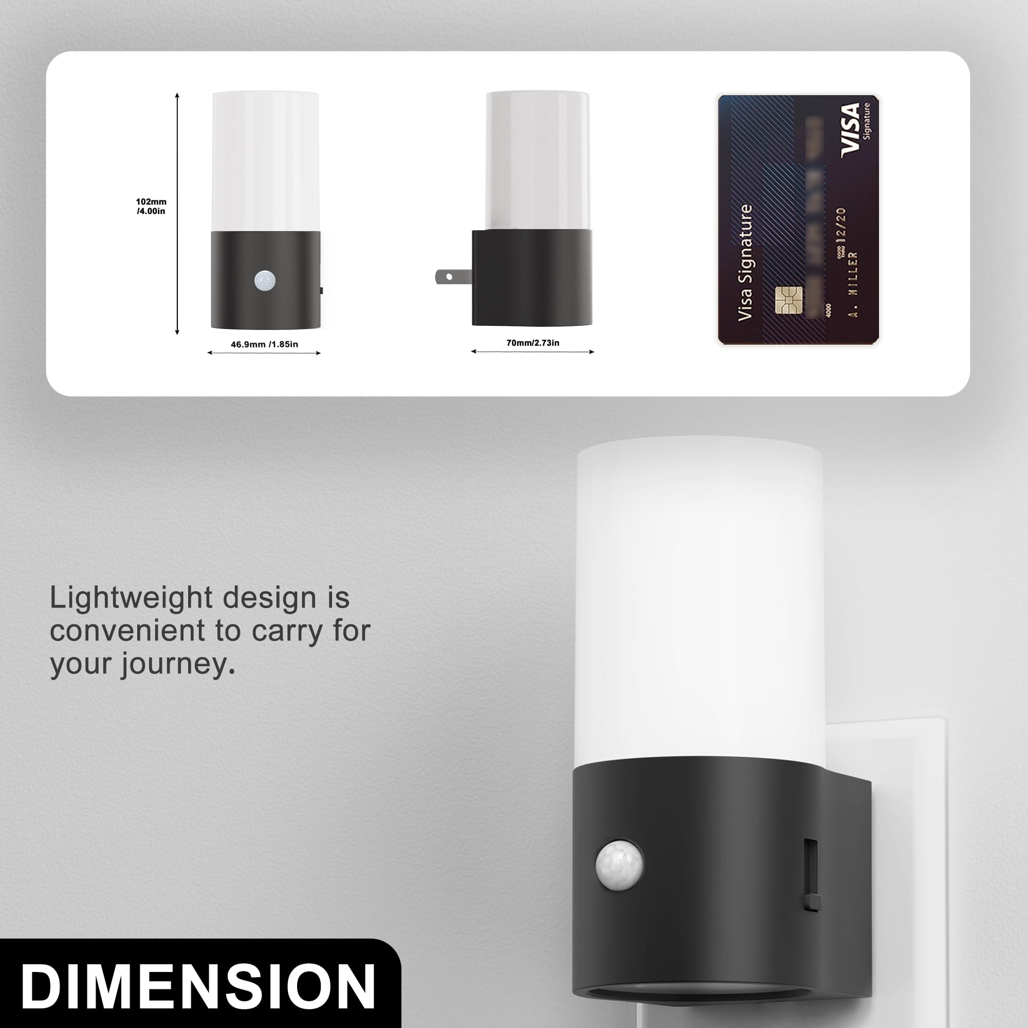 YANSUN 2 pack Black Warm White 3000K LED Motion Sensor Cylinder Light Plug in Night Light, 100LM Dimmable, Auto On/Off for Hallway, Bedroom