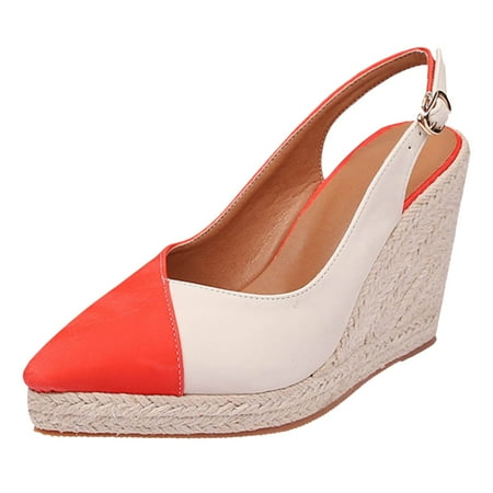 

Cathalem Slope Heeled Thick Sole Pointed Single Shoes Half Lug Color Blocked Back Hollow Straw Woven Rope Sole Red 42