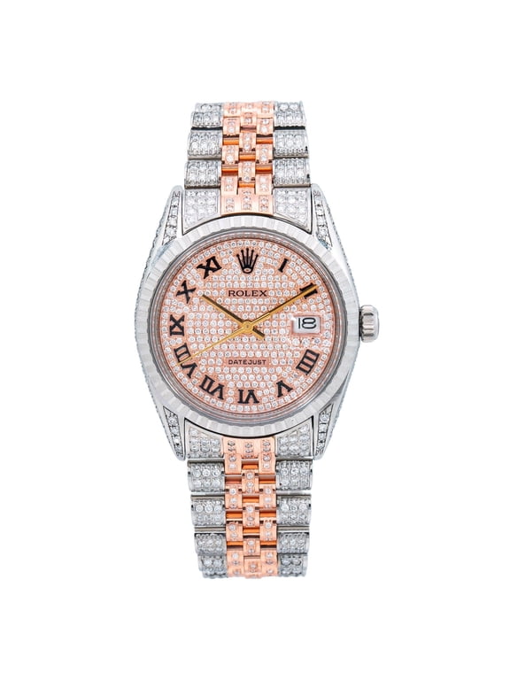 Pre-Owned Rolex Datejust 36MM 16013 Diamond Paved Roman Dial Engine Turned Bezel Two Tone Rose Gold Full Diamond Jubilee Bracelet 9.75ct