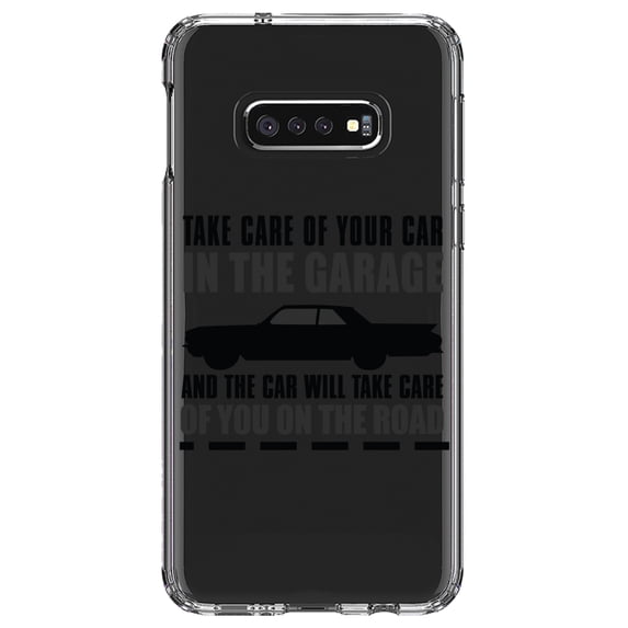 DistinctInk Clear Shockproof Hybrid Case for Samsung Galaxy S10e (5.8" Screen) - TPU Bumper Acrylic Back Tempered Glass Screen Protector - Take Care of the Car, Car Take Care of the Road