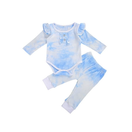 

Dewadbow Infant Baby Girl Tie-dye Fly Sleeve Ruffle Romper Tops Pants Sets