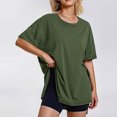 thumbnail image 6 of Otntypg Oversized Workout T Shirts for Women Trendy Solid Color Cotton Loose Fit Crewneck Casual Summer Basic Tee Drop Shoulder Tops Army Green L, 6 of 9