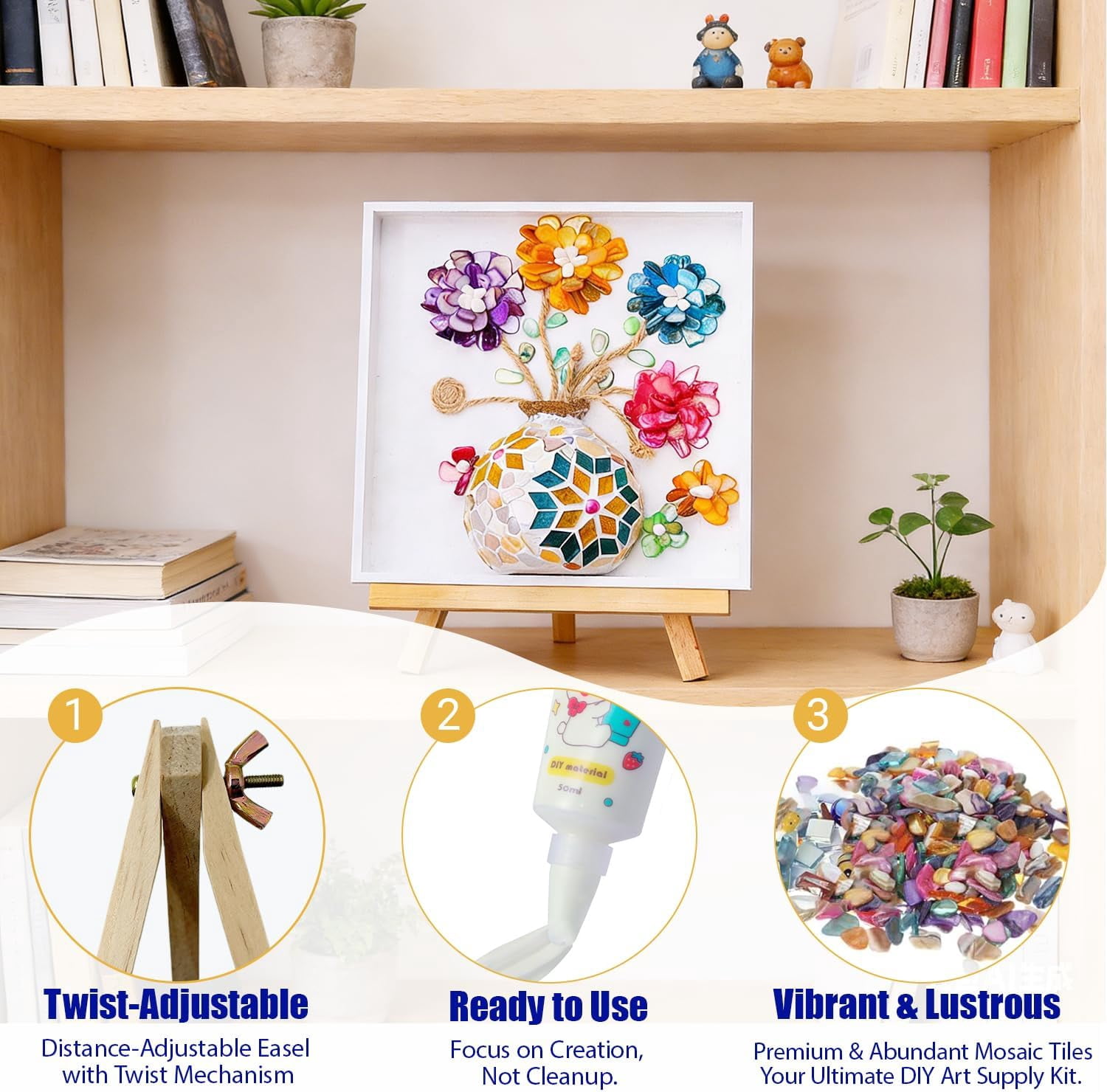 2 Sets DIY Mosaic Vase Painting Kit with Cream Glue – Handmade Artwork for Adults, Complete Arts and Craft Kits for Home Decoration & Gift Making (2, Blue&Yellow)