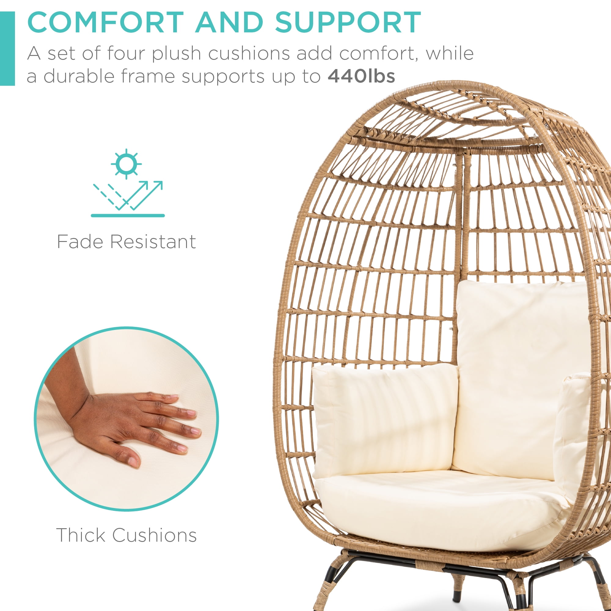 Best Choice Products Wicker Egg Chair Oversized Indoor Outdoor Patio Lounger w/ Steel Frame - Ivory